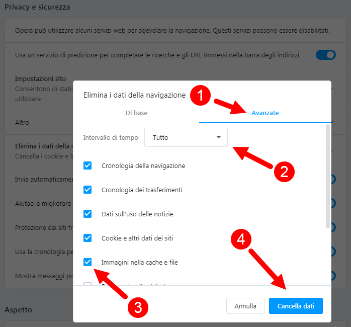 come svuotare cache opera browser