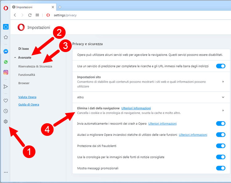 come svuotare cache browser opera