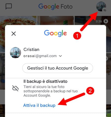 attivare backup google foto