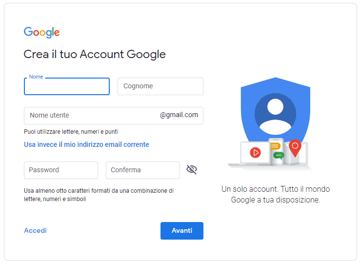 creare account google