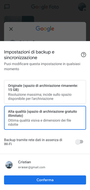 impostazioni backup sincronizzazione google foto