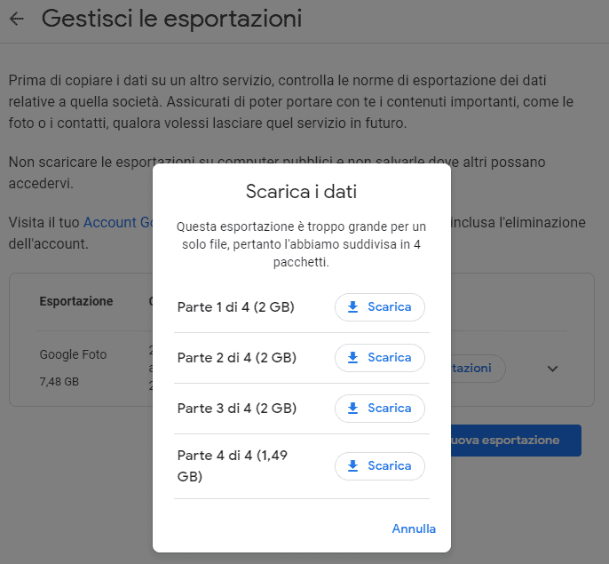 esportazione google takeout foto