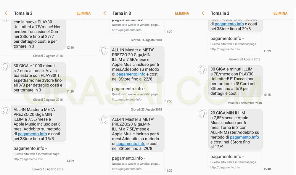 Come bloccare sms pubblicitari Torna in 3 e Passa a 3