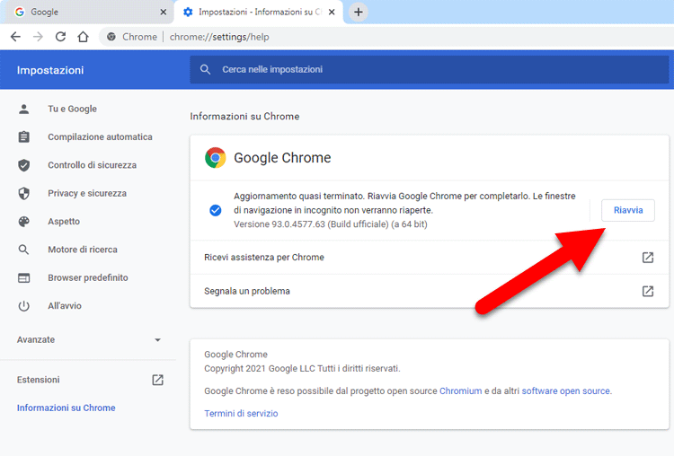 aggiornare browser google chrome riavvia