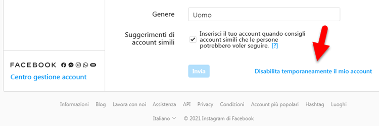 come disattivare account instagram