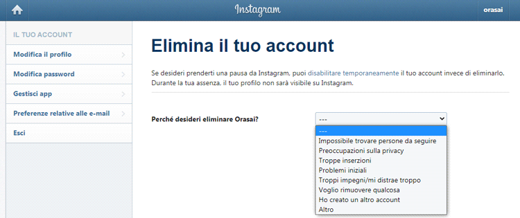 eliminare account instagram motivazione