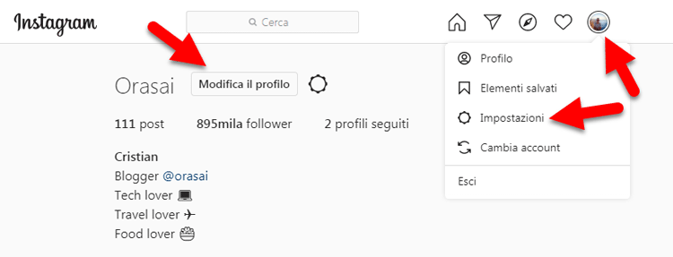 modifica profilo instagram