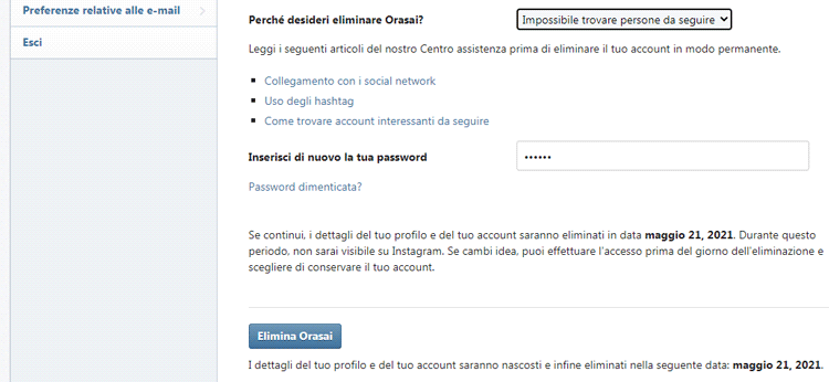 tempi eliminazione account instagram