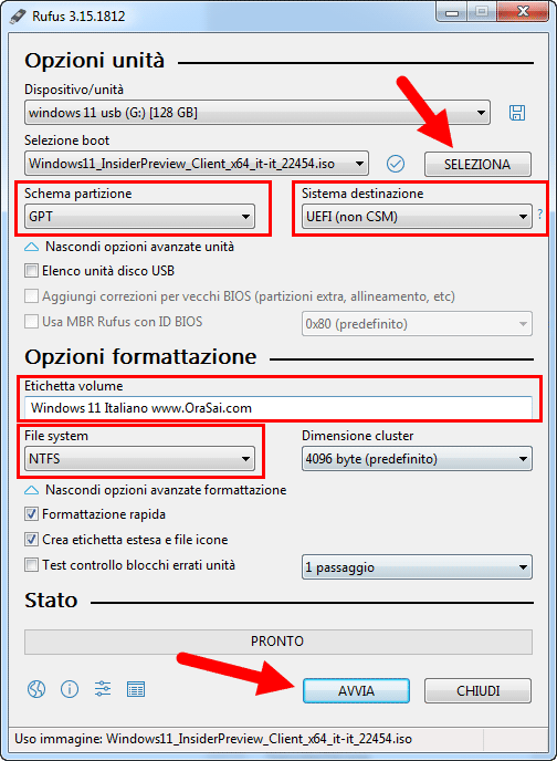 Windows 11 installazione da usb rufus