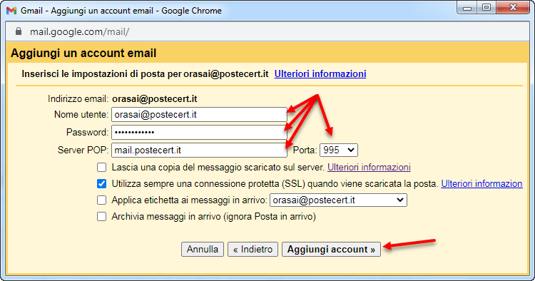 aggiungere account email pec gmail