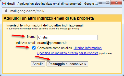 aggiungi un altro indirizzo mail di tua proprietà