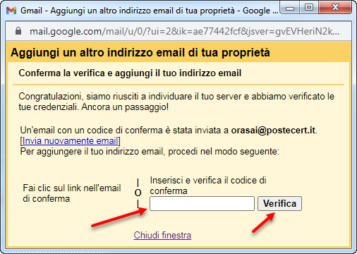 conferma verifica aggiungi indirizzo email gmail