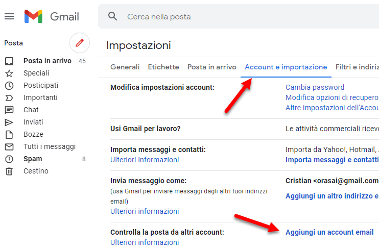 gmail account e importazione