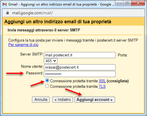 invia messaggi attraverso server smtp gmail