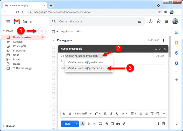 inviare pec con gmail cambio mittente